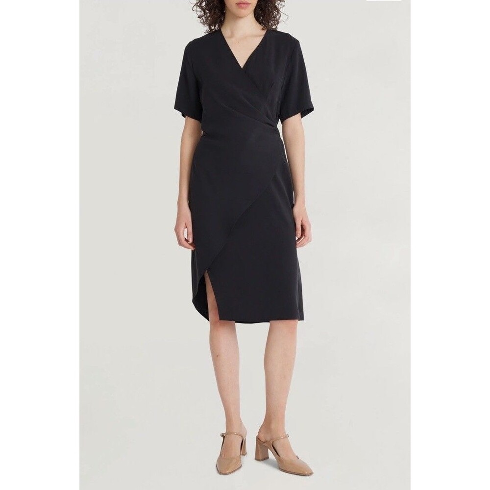 Luxely Black Faux Wrap Midi Dress Size 4 Short Sleeve Draped Ruched Waist